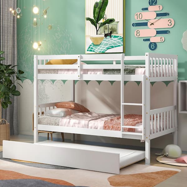 Polibi Twin over Twin Bunk Beds with Trundle, Solid Wood Trundle Bed Frame with Safety Rail and Ladder, White
