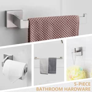 Bathroom Hardware 5-Piece Bath Hardware Set with Towel Bar, Robe Hook, Toilet Paper Holder in Brushed Nickel
