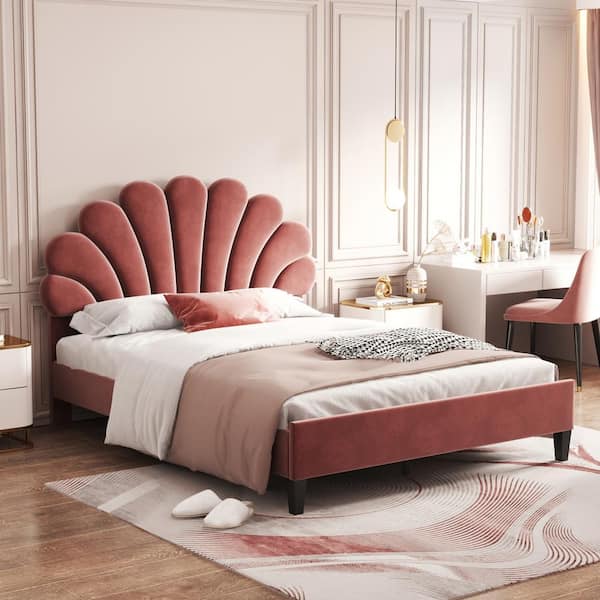 Harper & Bright Designs Bean Paste Red Wood Frame Upholstered Full Size Platform Bed with Flower Pattern Velvet Headboard