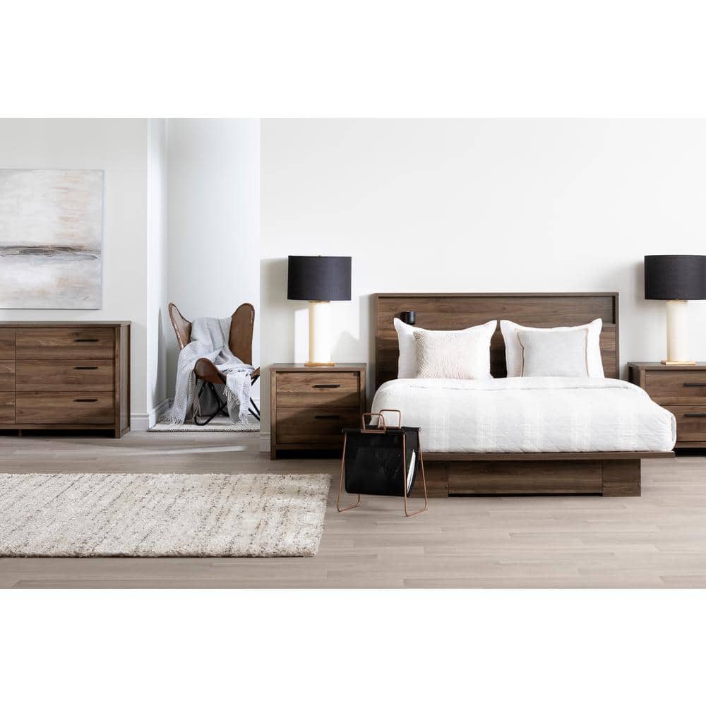 Natural Walnut 2-Drawer Nightstand with Black Handles