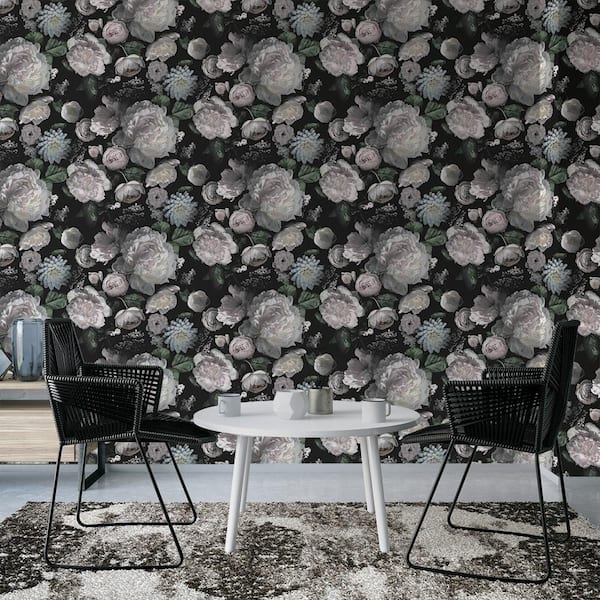 Black Moody Floral Vinyl Peel and Stick Wallpaper Roll (Covers 60 sq. ft.)