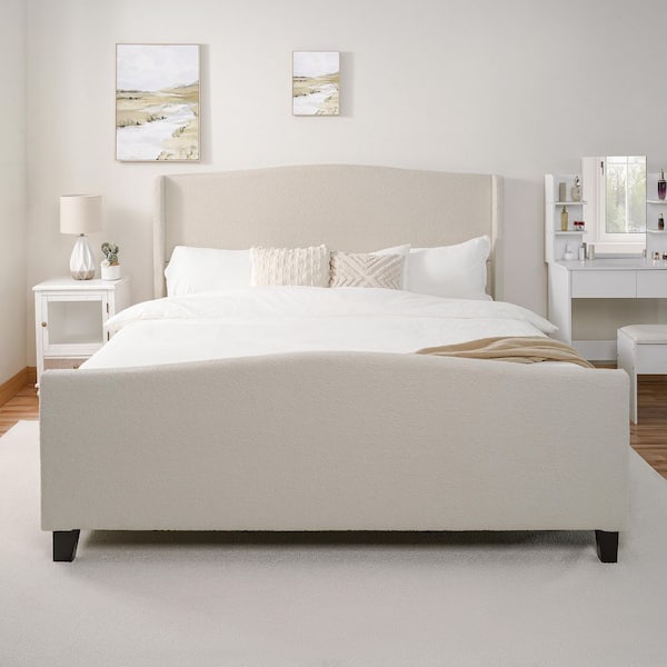 Diane White Metal Frame King Size Platform Bed with Velvet Upholstered Headboard, High Footboard, Solid Wood Legs