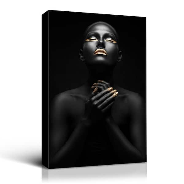 Unbranded Glamorous Black Series of Closed Eyed Woman Unframed Watercolor Painting Portrait Canvas Wall Art Print 16 in. x 12 in.