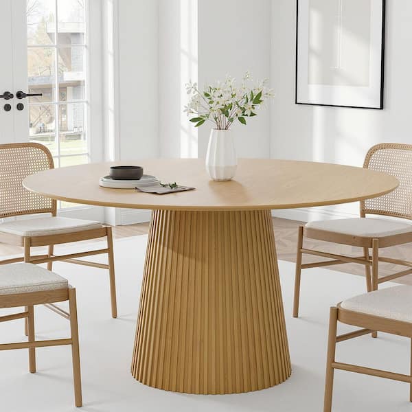Modern Round Wood Top Natural Wood Color 52 in. Column Pedestal Base Dining Table Seats 6