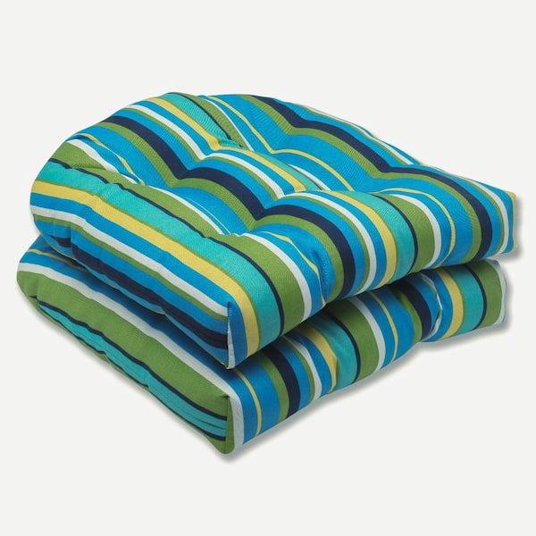 Pillow Perfect Striped 19 x 19 2-Piece Outdoor Dining chair Cushion in Blue/Green Topanga