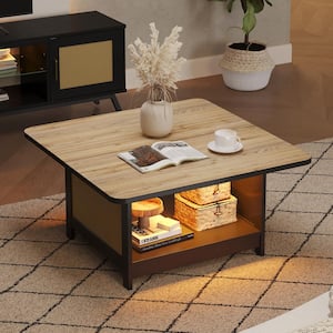 35.43 in. Black Square LED Modern Composite Wood Ratten Coffee Table with Open Storage