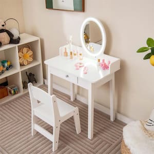 2-Piece Wood Top White Kids Vanity Set with Lighted Mirror Chair 2-Color LED Lighting for Girls Makeup