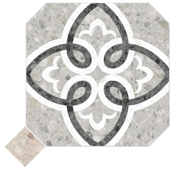 Merola Tile Riviera Octagon Garde Gris with Taco Beige 8 in. x 8 in. Porcelain Floor and Wall Take Home Tile Sample