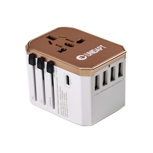 Lukyamzn Universal Wall Plug Travel Adapter Voltage Converter with 1-Outlet, 4 USB-A, 1 USB-C Ports in Rose Gold