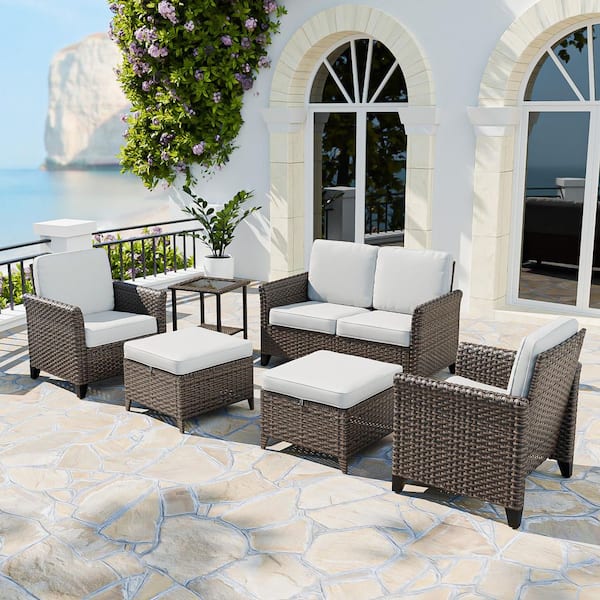 COOS BAY Brown Rattan Wicker 6-Piece Outdoor Patio Conversation Set with Beige Cushions, Patio Chairs with Ottomans