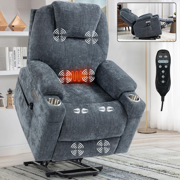 Blue Chenille Power Lift Recliner Chair with Massage&Heating, USB&Type-C Ports, 2 Cup Holders, Up to 350 LBS