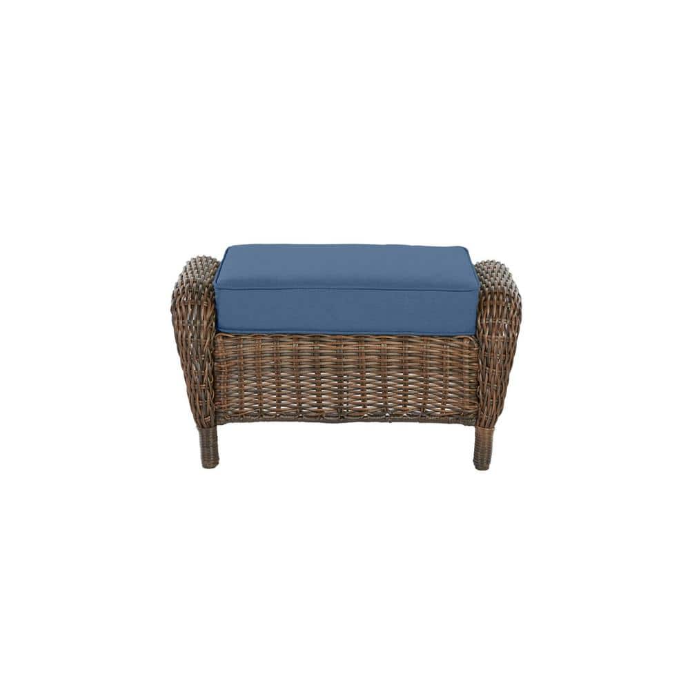 Hampton Bay Cambridge Brown Wicker Outdoor Patio Ottoman with CushionGuard Sky Blue Cushions H046-01196400 Sansujyuku sansujyuku.com