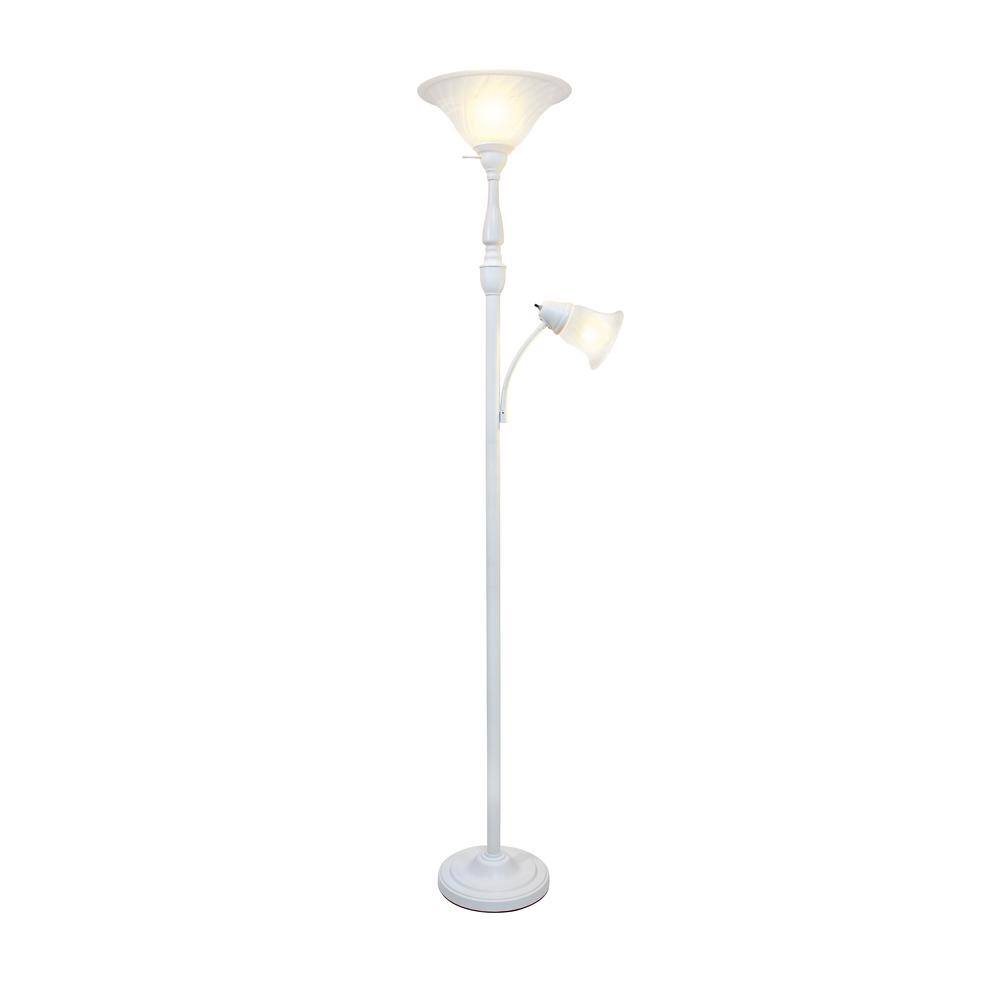 Elegant White Torchiere Floor Lamp with Marble Glass Shade and Reading Light