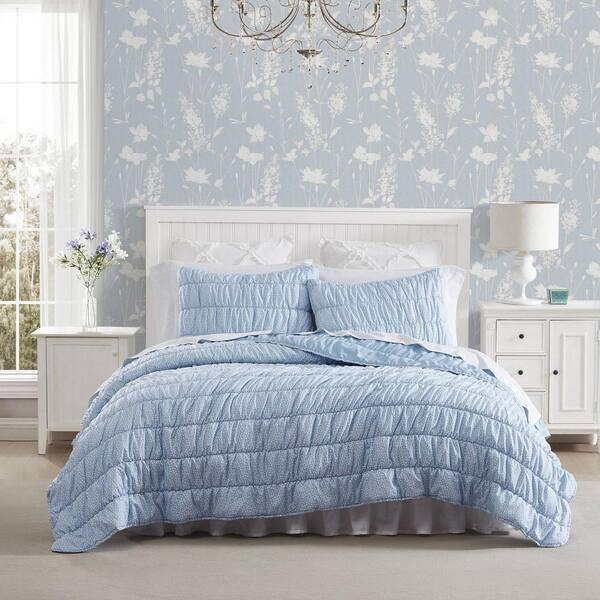 Laura Ashley Amalia 3-Piece Blue Microfiber King Quilt Set