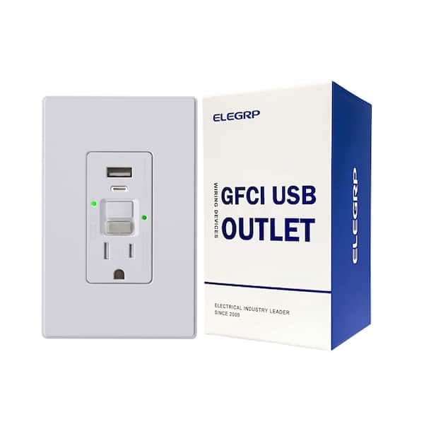 ELEGRP 15 Amp Tamper Resistant Self-Test GFCI Outlet, 24-Watt In-Wall USB Charger Combo Receptacle, Type A Type C, White 1-Pack