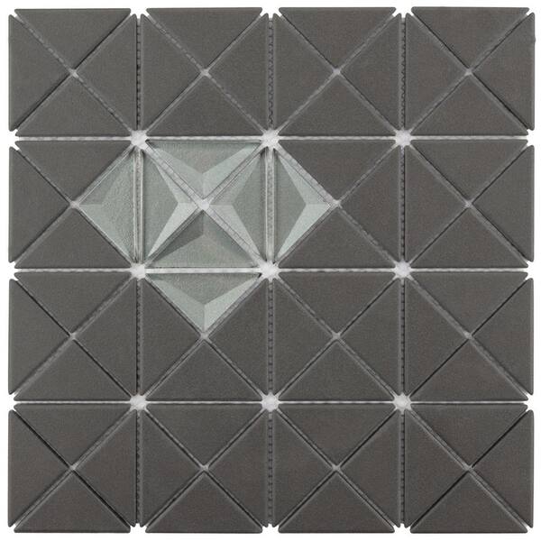 Merola Tile Trego Single Diamond Black with African Grey 10-1/8 in. x 10-1/8 in. x 6 mm Unglazed Porcelain and Glass Mosaic Tile