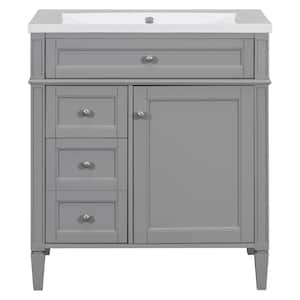 30 in. W x 18 in. D x 33 in. H Single Sink Bath Vanity in Gray with White Resin Top, Adjustable Shelf and Drawers