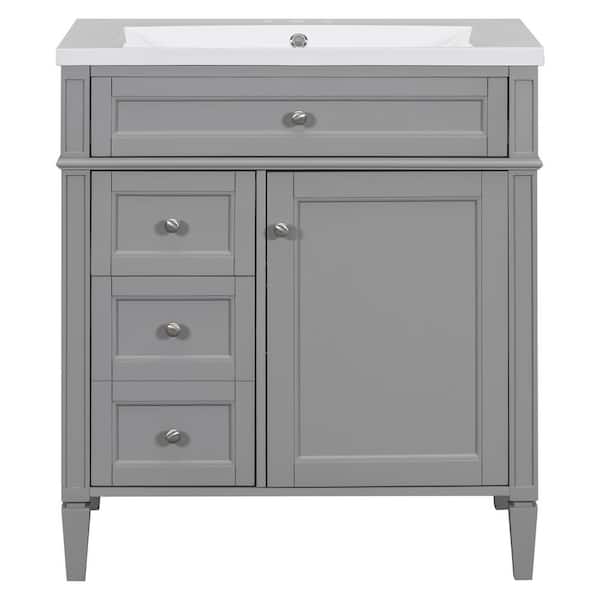 Virubi 30 in. W x 18 in. D x 33 in. H Single Sink Bath Vanity in Gray with White Resin Top, Adjustable Shelf and Drawers