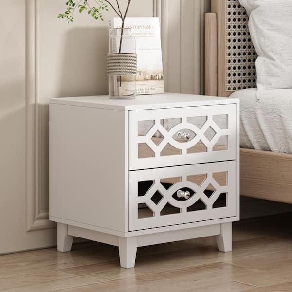 FUFU&GAGA 2-Mirrored Drawers White Paint Finish Wood Nightstands With Mirror 15.7 in. D x 18.9 in. W x 19.7 in. H