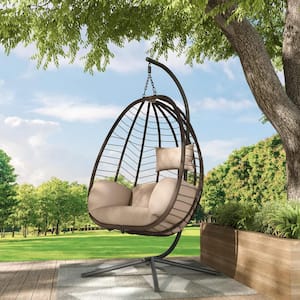 Outdoor Indoor Wicker Egg Swing Chair with Stand 350 lbs. Capacity Strong Frame Sand Cushions, Patio, Balcony, Bedroom