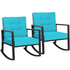 Wicker Outdoor Rocking Chair with Turquoise Cushions (2-Pieces)