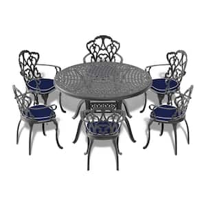 7-Piece Set Of Cast Aluminum Patio Outdoor Dining Set with Random Colors Cushions and Black Frame