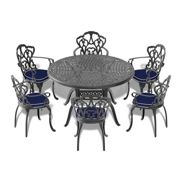 Runesay 7-Piece Set Of Cast Aluminum Patio Outdoor Dining Set with Random Colors Cushions and Black Frame