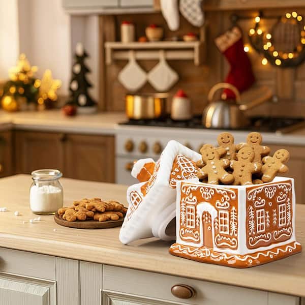 Numhew 1 Piece Brown and White Ceramic 9.3 in. Gingerbread House
