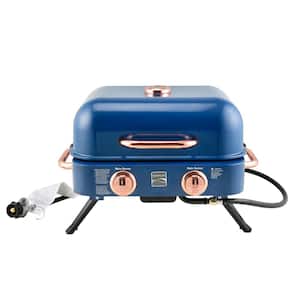 2-Burner Retro Portable Propane Gas Grill in Navy Blue with Copper Accent
