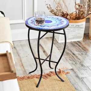 Black Metal Mosaic Top Outdoor Side Table with Curved Legs, Blue Pattern