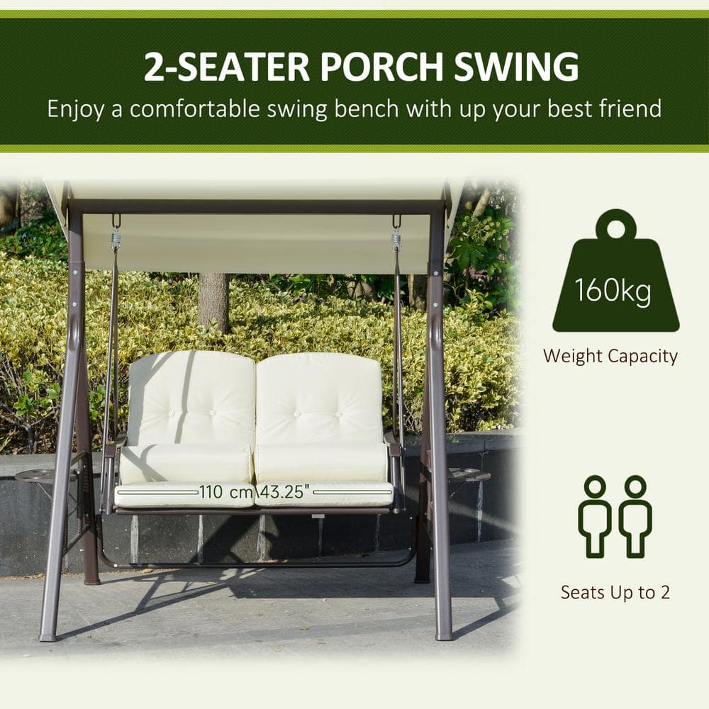 Beige 2-Person Adjustable Canopy Patio Swing with Cushions and Tray