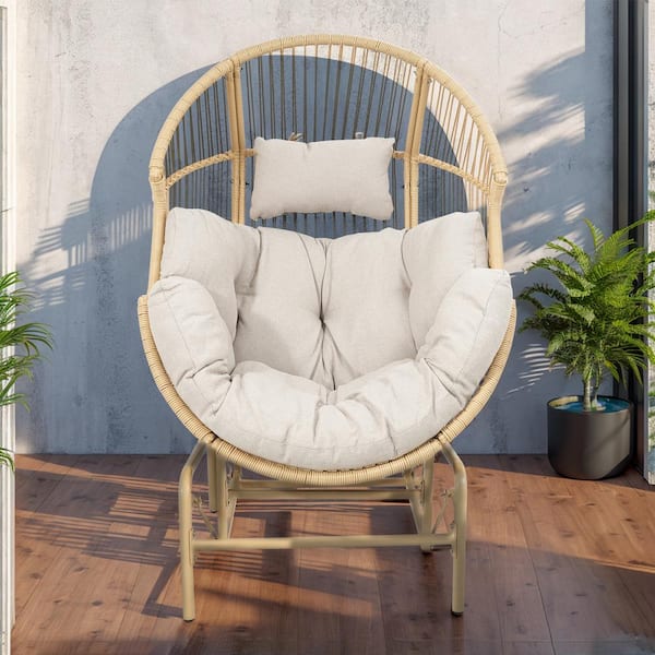 moosprr Patio Yellow Wicker Large Glider Egg Chair Outdoor Lounge Chair with Beige Cushion