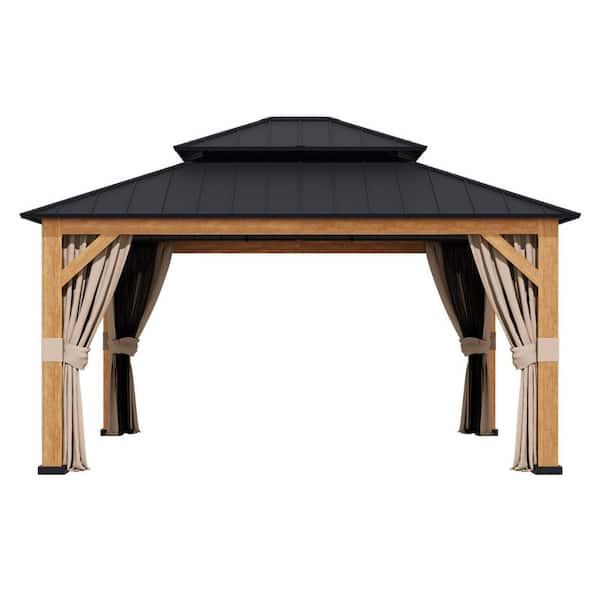15 ft. x 13 ft. Wood Grain Aluminum Double Galvanized Steel Roof Gazebo with Ceiling Hook, Mosquito Netting and Curtains