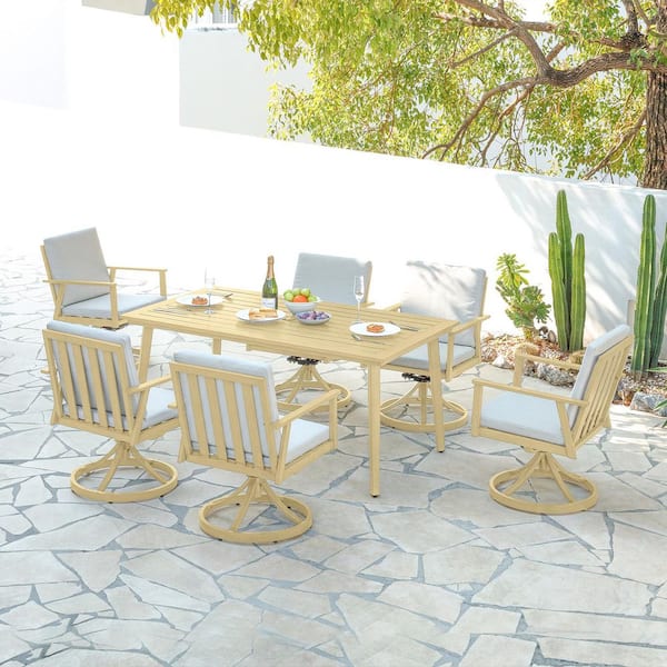 Alulux Light Brown Wood 7-Piece Aluminum Outdoor Dining Set with 6 Swivel Dining Chairs and Beige Cushions