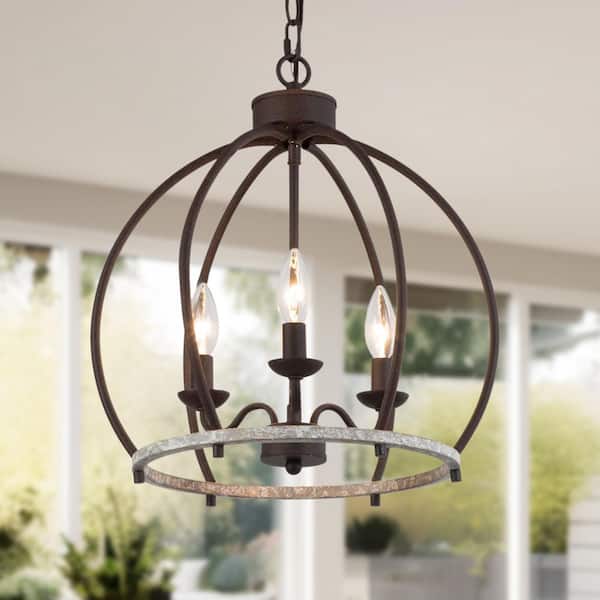 Farmhouse 3-Light Rustic Iron and Slategray Candlestick Chandelier with Globe Cage for Foyer, No Bulb Included