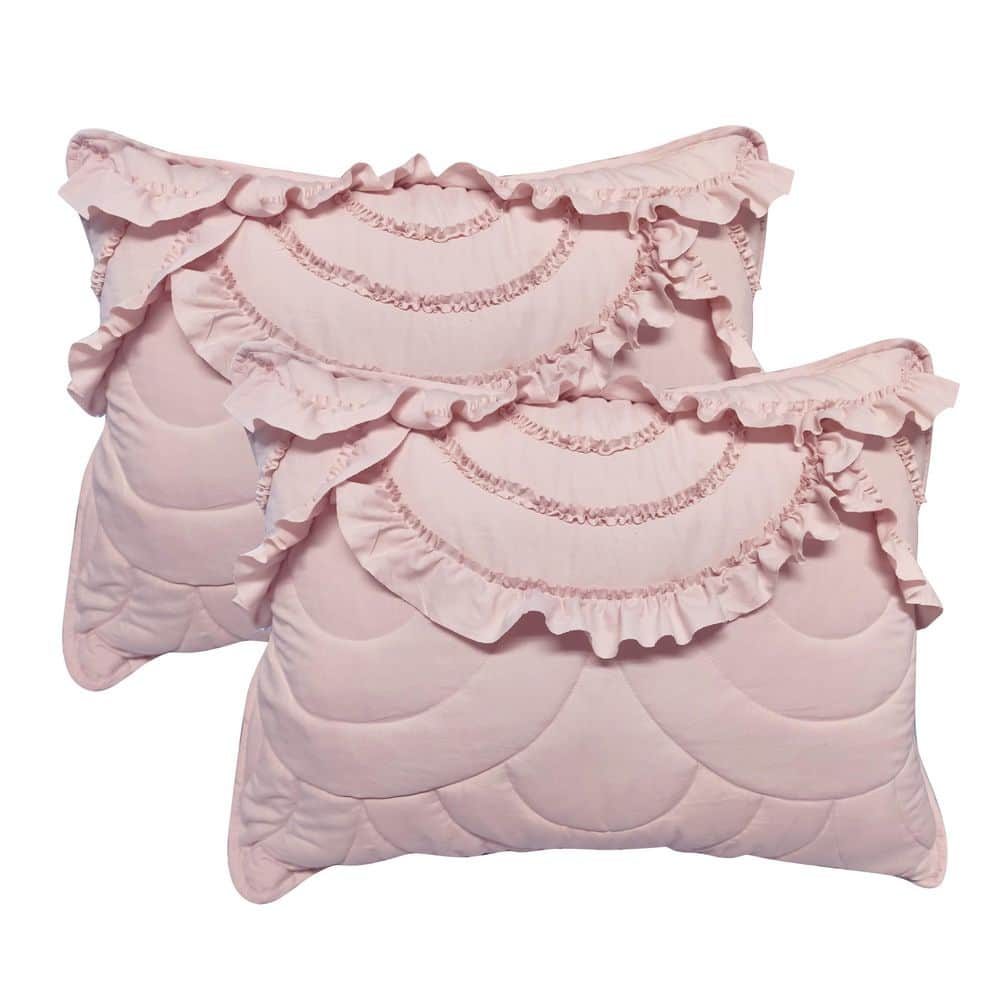 Blush Pink King Microfiber Scallop Ruffle Quilt Set