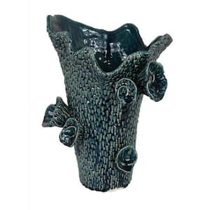 Blue Urn Ceramic Vase with Barnacle Design and Floral Details