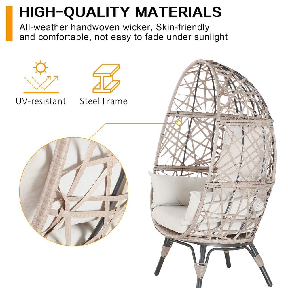 Beige Wicker Teardrop Egg Chair with Cushions and Steel Frame