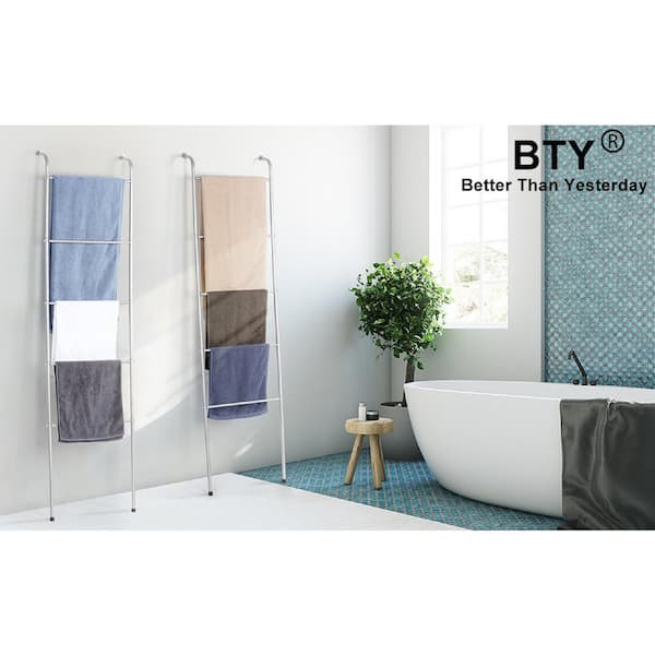 Evideco Free Standing Bath Towel Ladder Wall Leaning Drying Rack 4 Bars Metal White