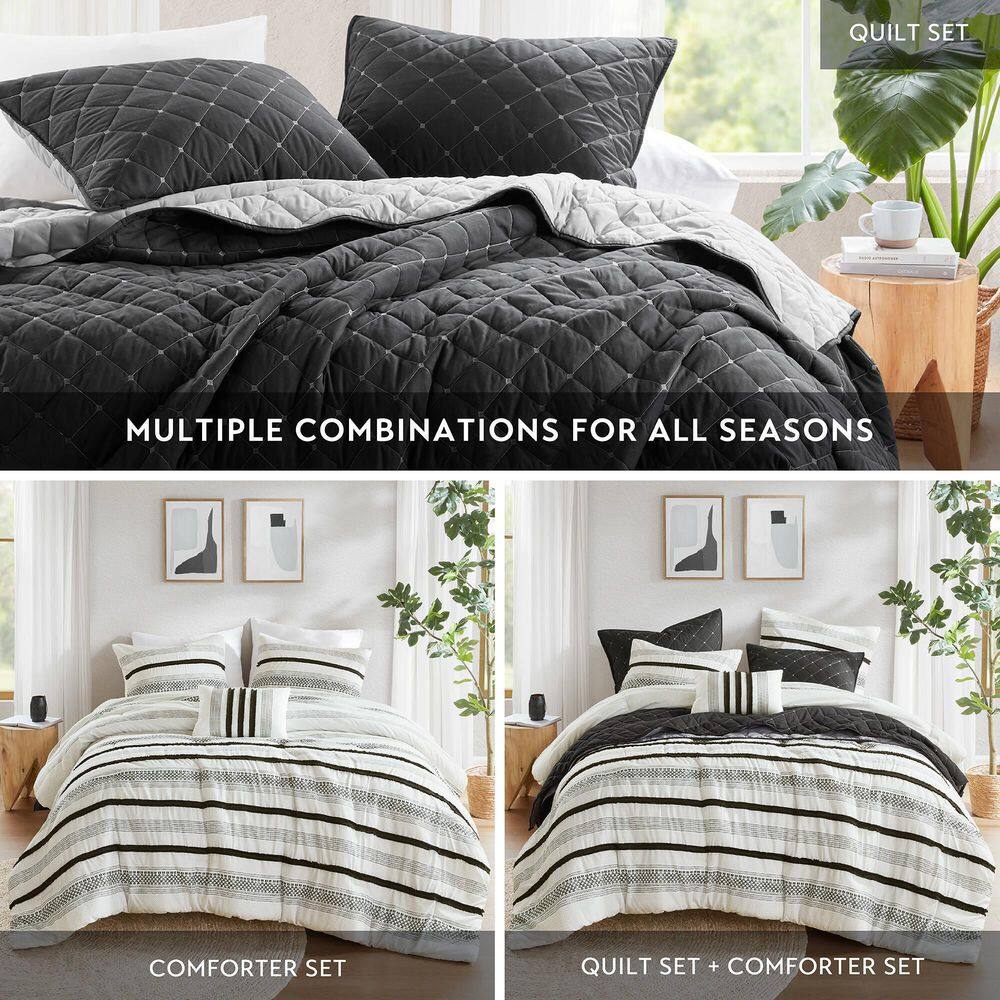 Black and White Microfiber Full Bedspread Set with Stripes