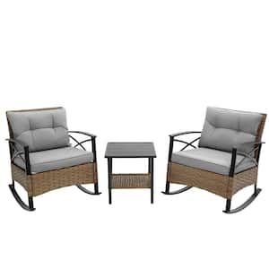 Wicker Outdoor Rocking Chair with Gray Cushions and Steel Side Table, Rattan 3-Piece Leisure Conversation Set