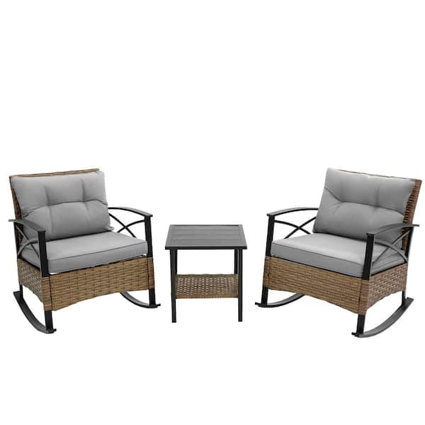 Unbranded Wicker Outdoor Rocking Chair with Gray Cushions and Steel Side Table, Rattan 3-Piece Leisure Conversation Set
