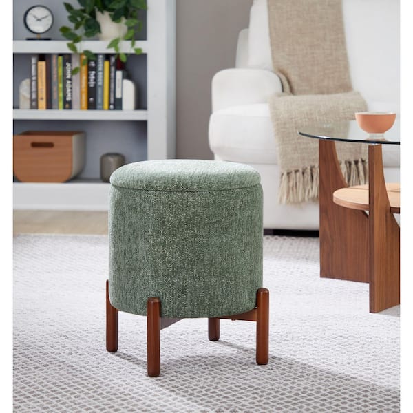 Daniella Green Fabric and Walnut Wood Storage Ottoman