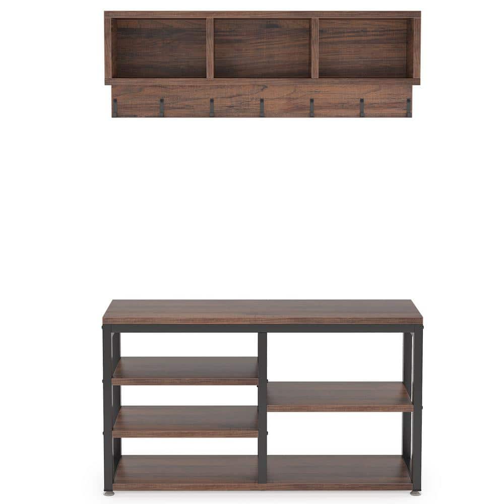 Carmalita Rustic Brown Hall Tree with Shoe Bench and Storage Cubbies (31.5 in. L x 11.8 in. D x 31.5 in, H)