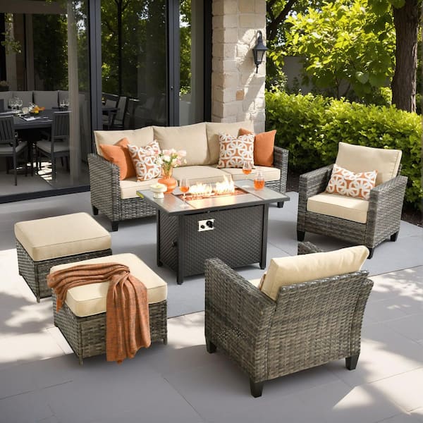 Flora 6-Piece Wicker Patio Rectangle Fire Pit Conversation Set with Beige Cushions