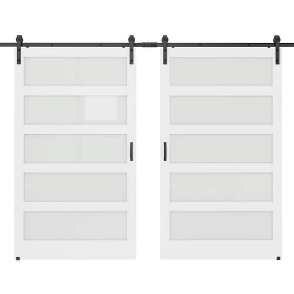 96 in. x 84 in. 5-Lite Tempered Frosted Glass White Primed MDF Wood Sliding Barn Door with Hardware Kit and Soft Close