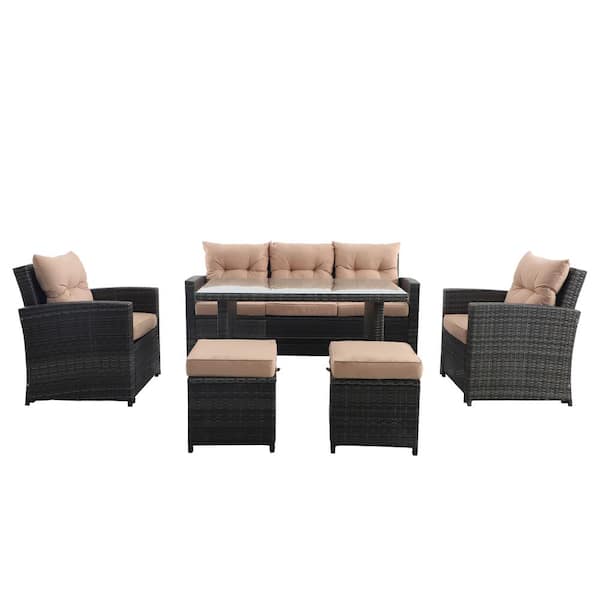 Unbranded 6-Pieces Wicker Rattan Patio Conversation Outdoor Furniture Set with Brown Color Cushions With Table for Garden