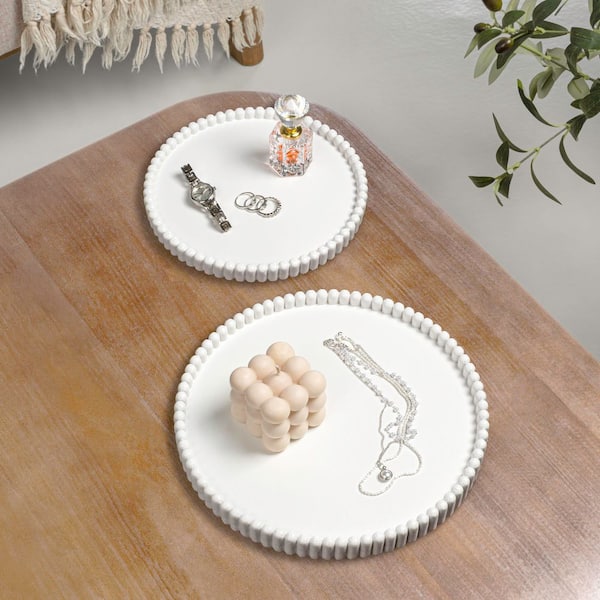 Opulence Modern Minimalist Concrete Fluted Edge Decorative Jewelry Trays, White (Set of 2)