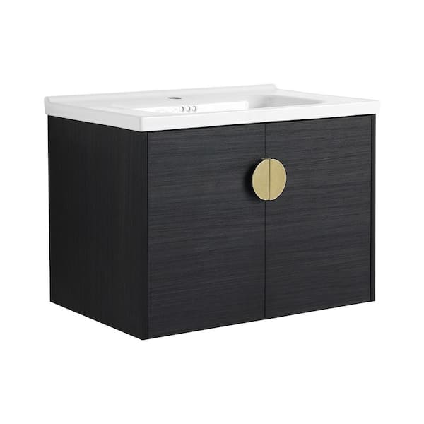 27.80 in. W Floating Wall-Mounted Bath Vanity in Black with White Ceramic Top