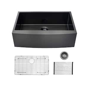 30 in. Farmhouse Single Bowl 16 Gauge Black Stainless Steel Kitchen Sink with Bottom Grids